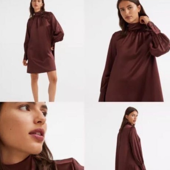 H&M brown satin feel long sleeve dress large - Picture 1 of 4